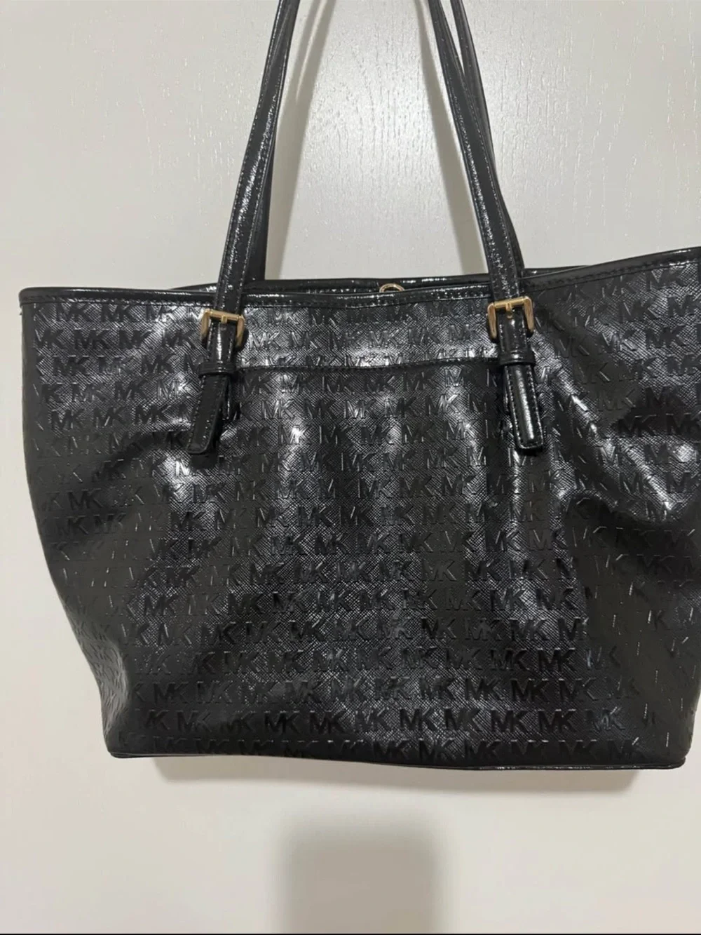 Michael Kors Black Embossed MK Patent Tote with Gold Hardware